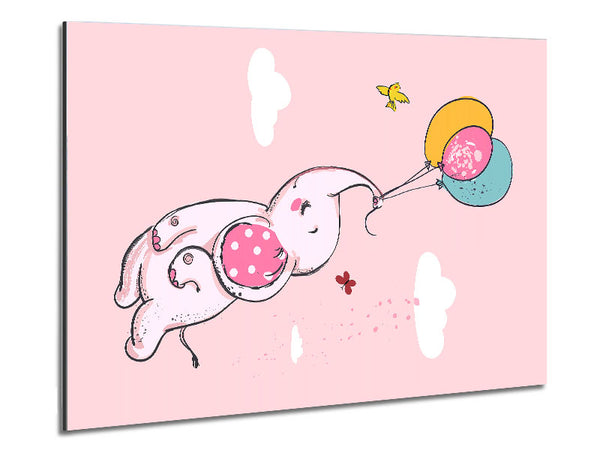 Pink Elephant Floating On Balloons Metal Print