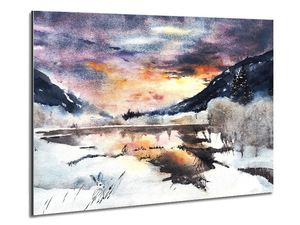 Winter At The Sunset Lake Metal Print