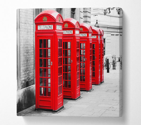 A Square Canvas Print Showing Red Telephone Box LineUp Square Wall Art