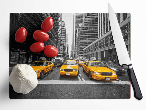Yellow Taxi Cabs In NYC Glass Chopping Board