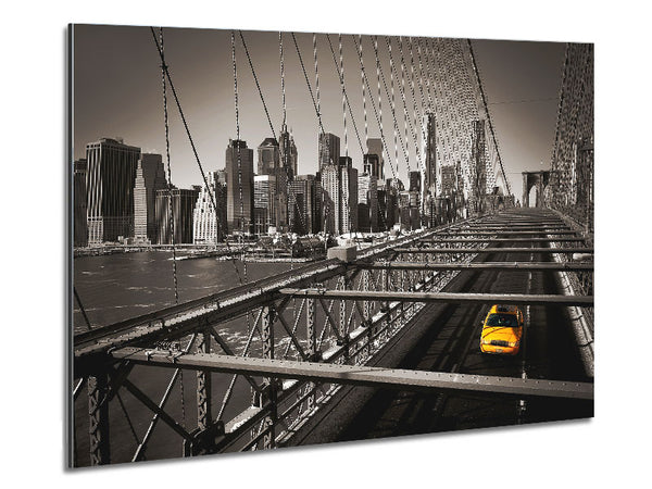 Brooklyn Bridge Yellow Cab Leaving NYC Metal Print