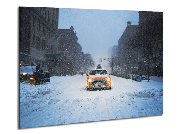 Yellow Cab In The Snow Metal Print