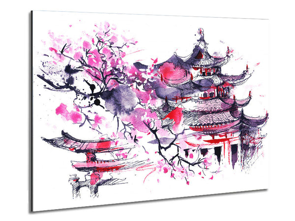 Chinese Village Red And Metal Print