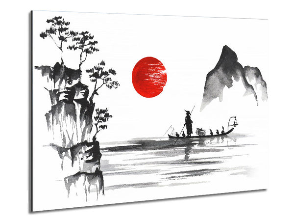 Chinese Fisherman Under The Red Sun Metal Print