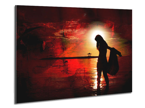 Red Sunset Ocean Walk Metal Print