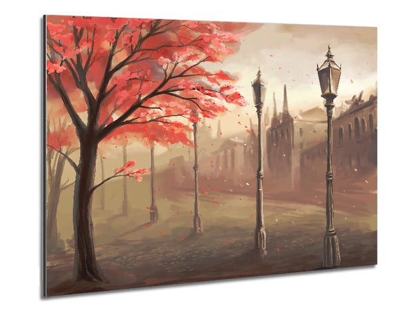 Red Tree In The Old Town Metal Print