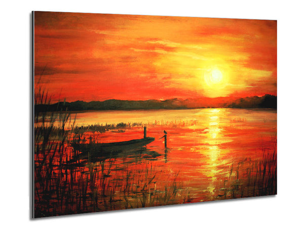 Row Boat On The Sunset Waters Metal Print