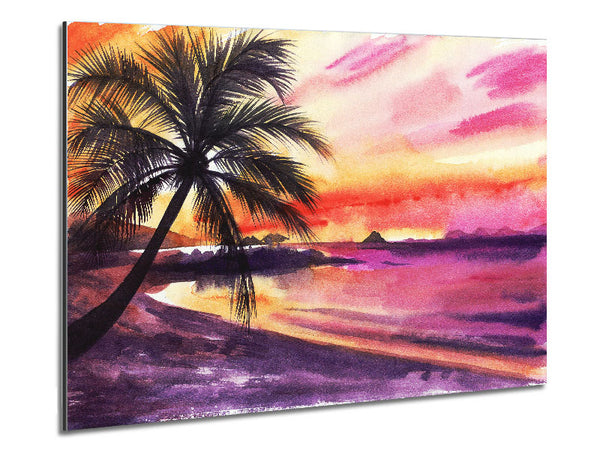 Watercolour Purple Palm Tree Ocean Metal Print