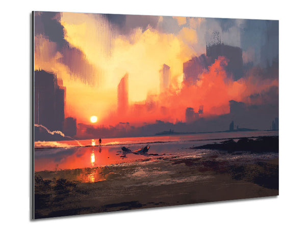 Sunset Ocean City Metal Print
