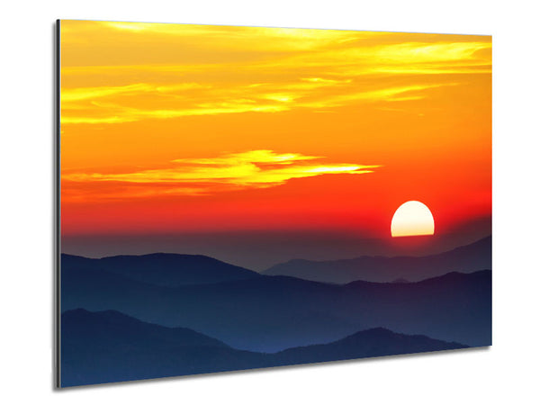 Blue Misty Mountain Sun 1 Metal Print