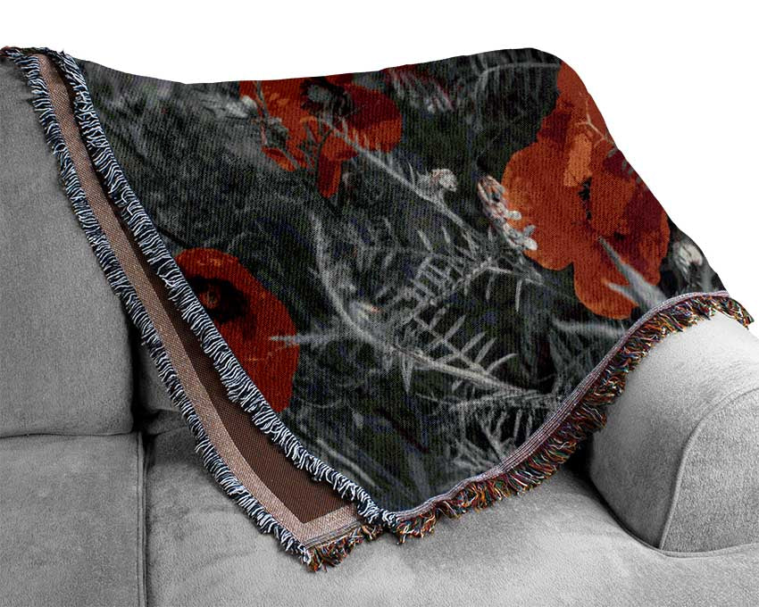 Red poppy closeup Woven Blanket