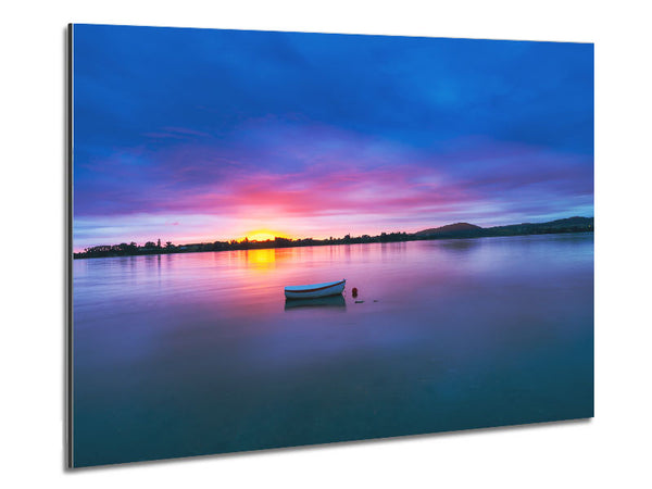 Small row boat on calm lake Metal Print