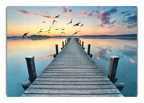 Bridge into the lake and seagulls