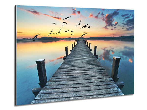 Bridge into the lake and seagulls Metal Print