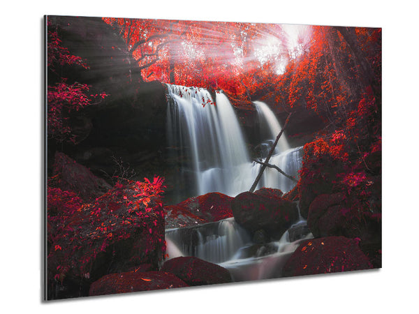 Red Forest Waterfall Delight Metal Print
