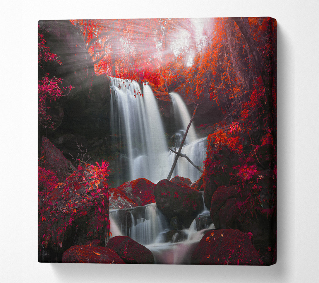 A Square Canvas Print Showing Red Forest Waterfall Delight Square Wall Art