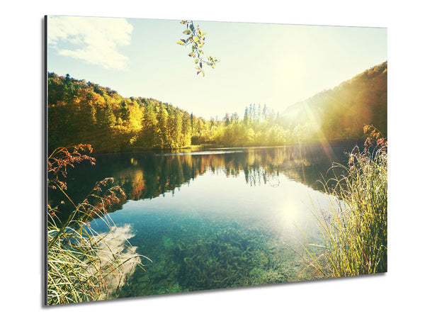 Sun shining on the calm river Metal Print