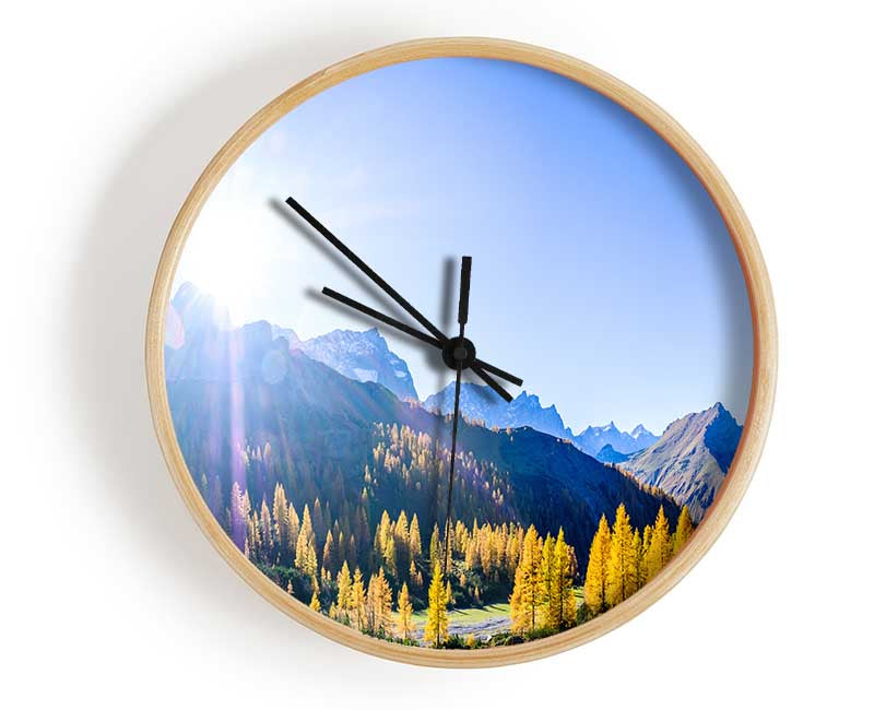 Mountain view of tall trees sunrise Clock - Wallart-Direct UK