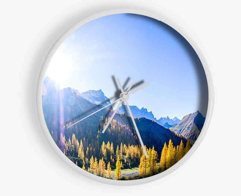 Mountain view of tall trees sunrise Clock - Wallart-Direct UK