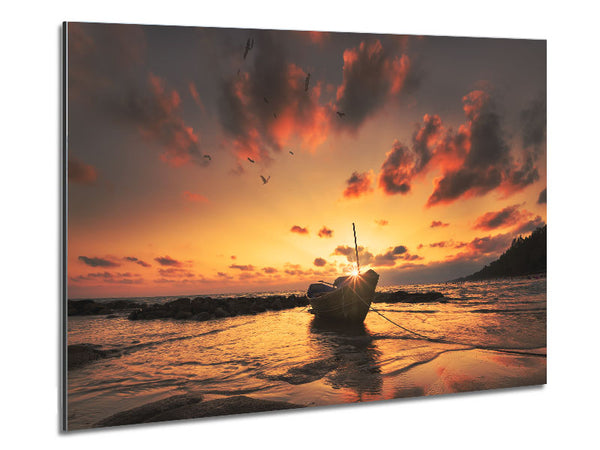 Sunset finishing boat on the beach Metal Print