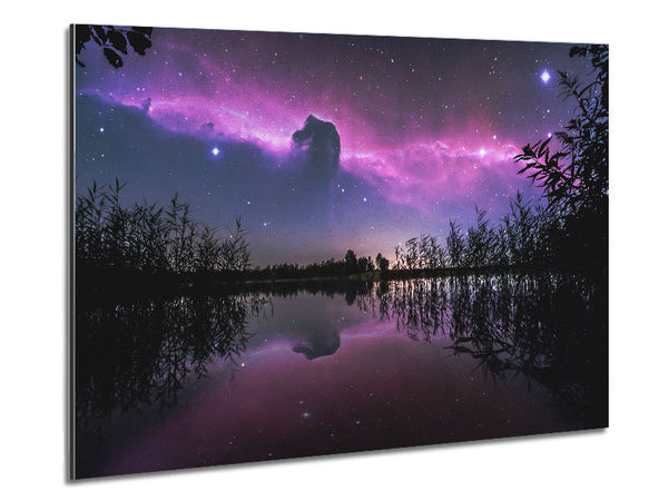 Horse head nebula over a purple lake Metal Print