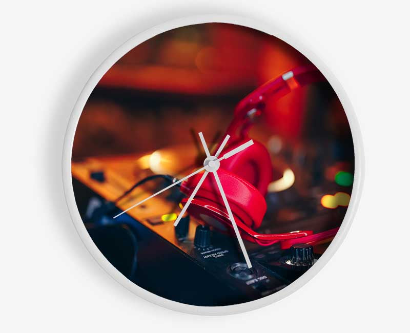 Red headphones on mixing desk Clock - Wallart-Direct UK