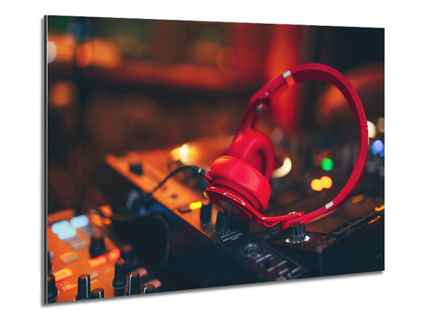 Red headphones on mixing desk Metal Print