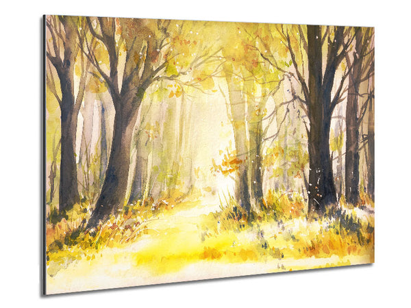 Yellow Forest Woodland Watercolour Metal Print
