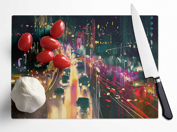 Busy Night Traffic Lights Watercolour Glass Chopping Board