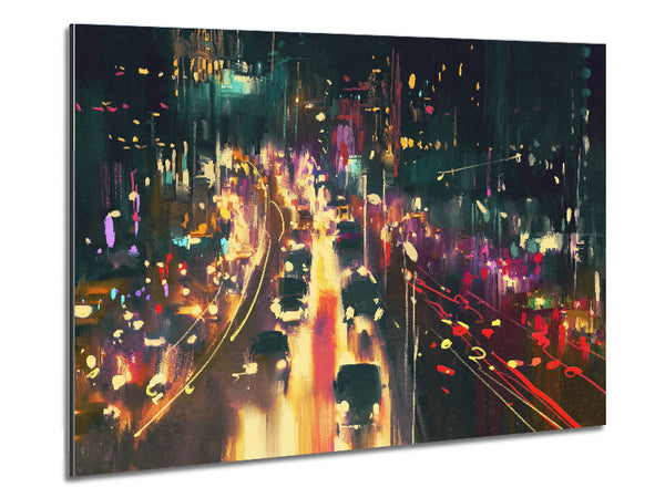 Busy Night Traffic Lights Watercolour Metal Print