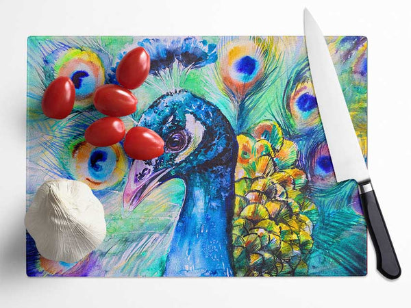 Vibrant Watercolour Peacock Glass Chopping Board