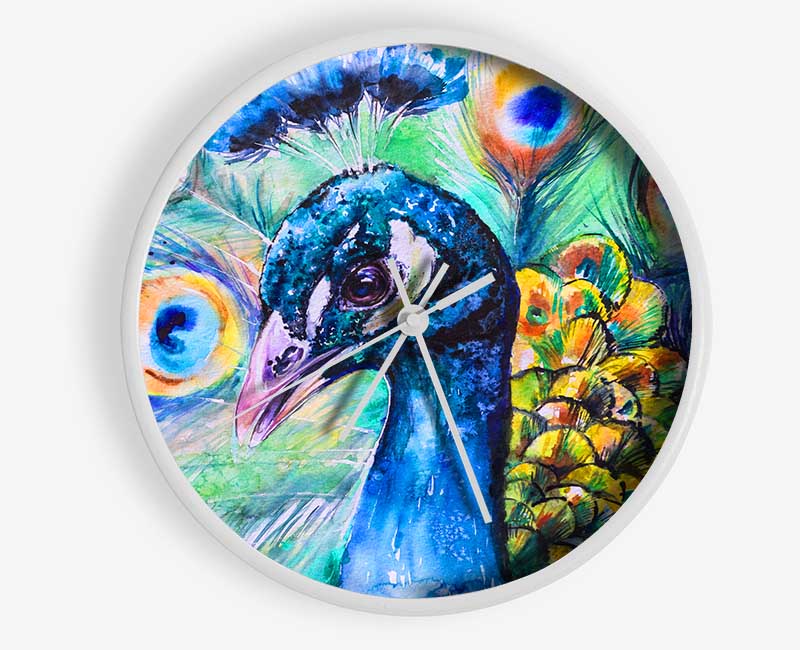 Vibrant Watercolour Peacock Clock - Wallart-Direct UK