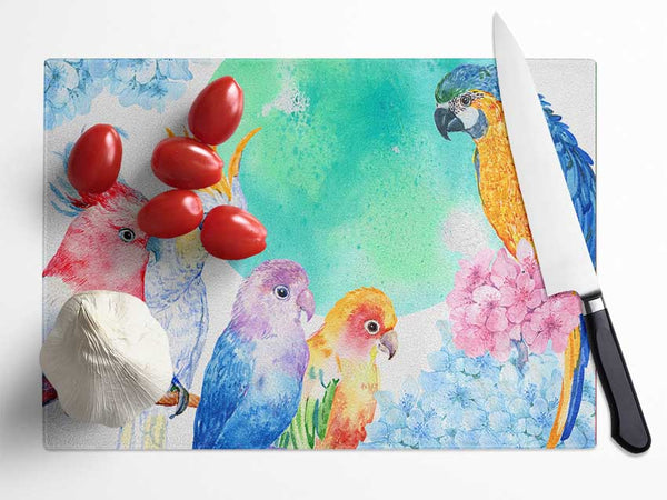 Array Of Watercolour Parrots Glass Chopping Board