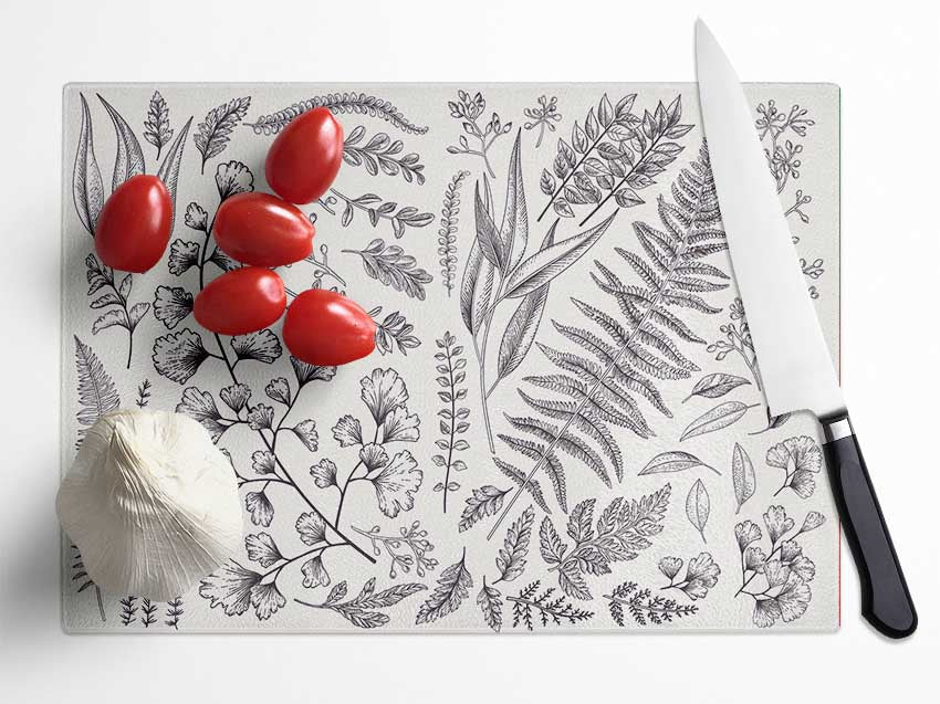 Natures Leaves Hand Drawn Glass Chopping Board