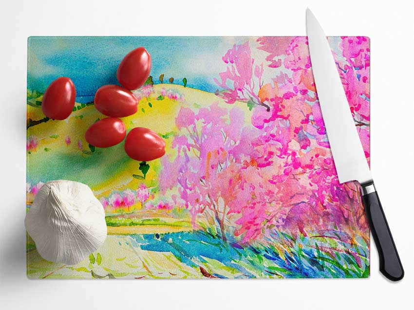 Pink Blossom Hilltops Glass Chopping Board