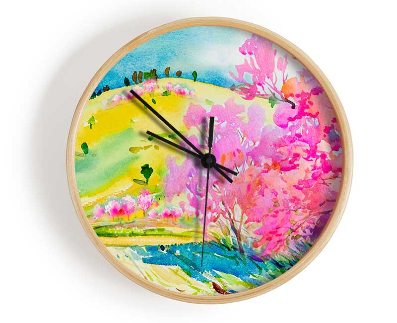 Pink Blossom Hilltops Clock - Wallart-Direct UK