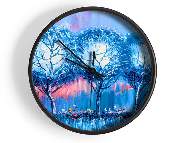 Three Blue Winter Trees Clock - Wallart-Direct UK