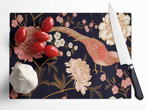 Pheasant And Flowers Glass Chopping Board