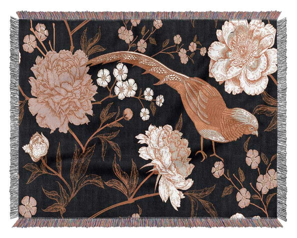 Pheasant And Flowers Woven Blanket