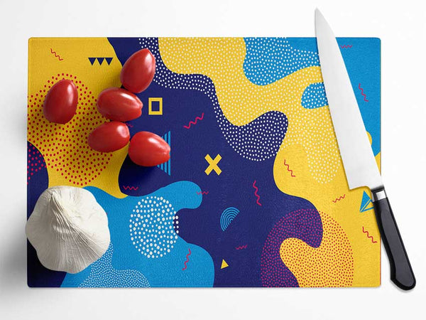 Blue And Yellow Modern Shapes Glass Chopping Board