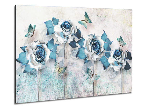 Teal Roses And Butterflies Metal Print
