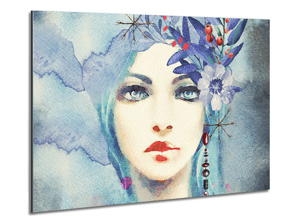 Blue Face Woman Watercolour Metal Print