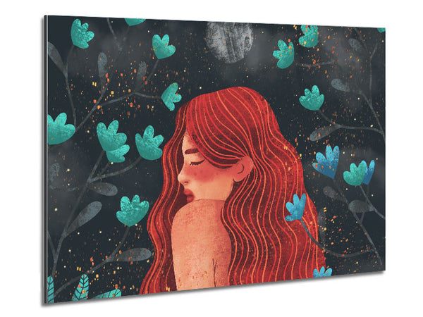 Red Haired Girl Flowers Metal Print
