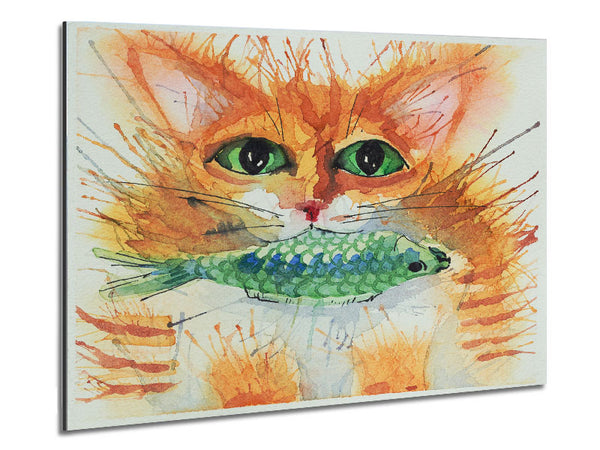 Watercolour Cat With Fish Metal Print