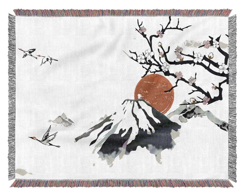 Red Japanese Sunset Branch Woven Blanket