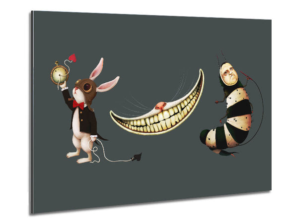 Alice In Wonderland Rabbit Cat And Caterpillar Metal Print