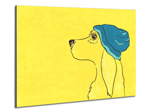 Yellow Dog With Blue Hat Metal Print