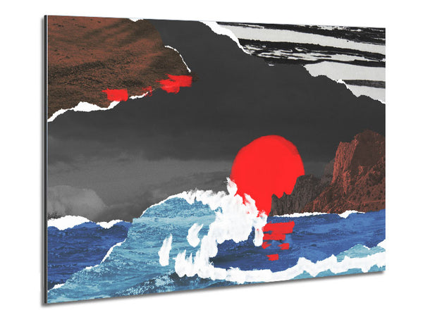 Cut Out Mountain Ocean Red Sun Metal Print