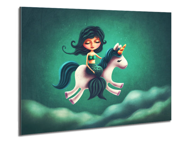 Mermaid Riding A Unicorn Metal Print