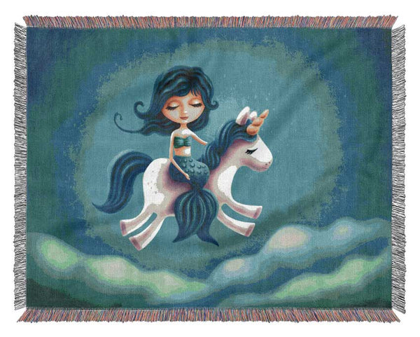 Mermaid Riding A Unicorn Woven Blanket
